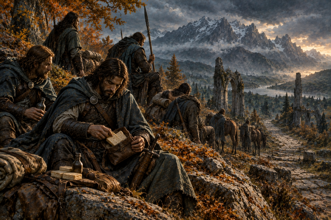Dúnedain on Isildur's northward journey carrying compact Númenórean waybread in individual provision wallets.