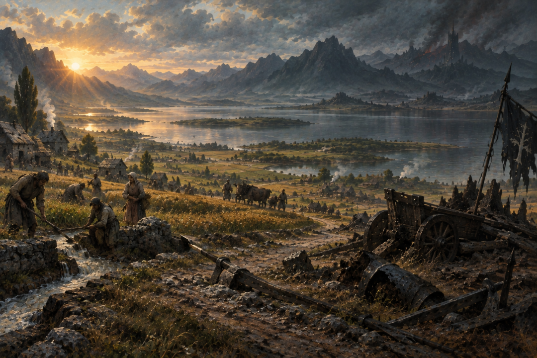Freed inhabitants rebuilding agricultural life around Lake Núrnen after the fall of Sauron