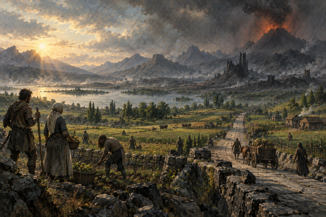 Freed people cultivating the lands around Lake Núrnen beside a surviving road in the early Fourth Age