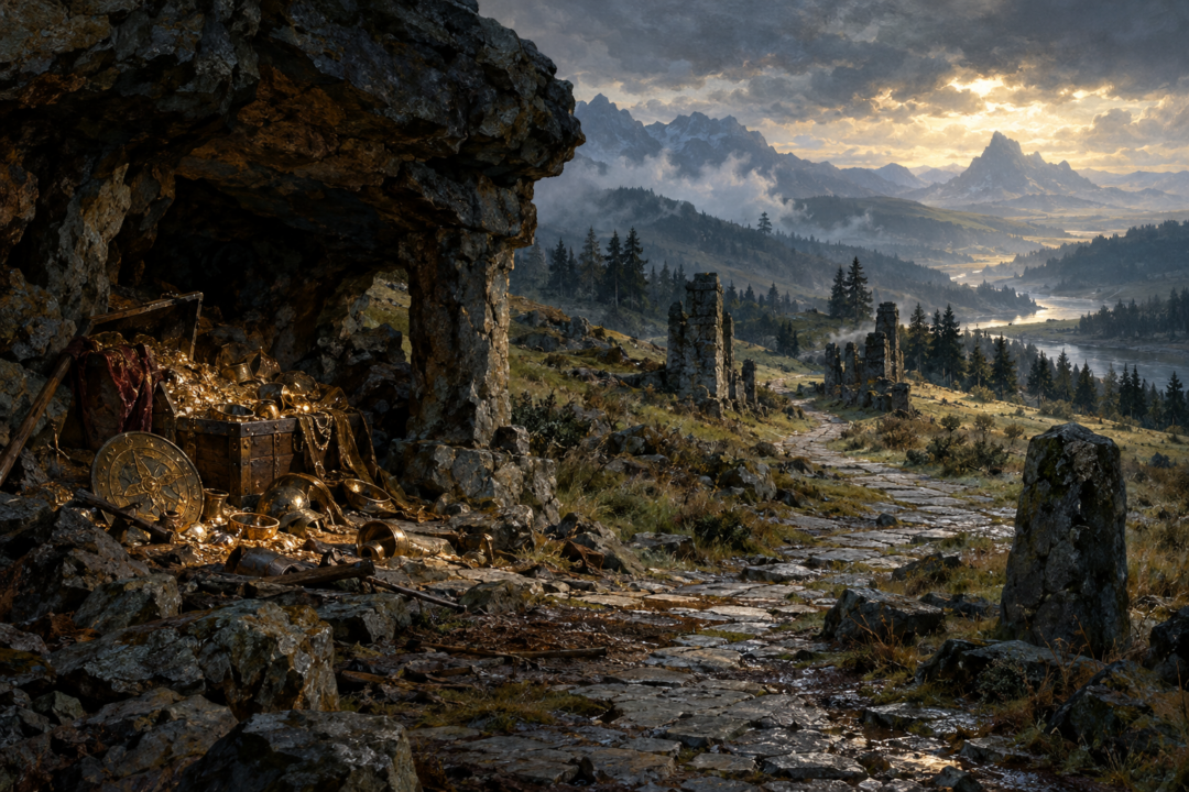 The ancient east-west road winding through the lonely wooded hills and ruins of the Trollshaws in Eriador.