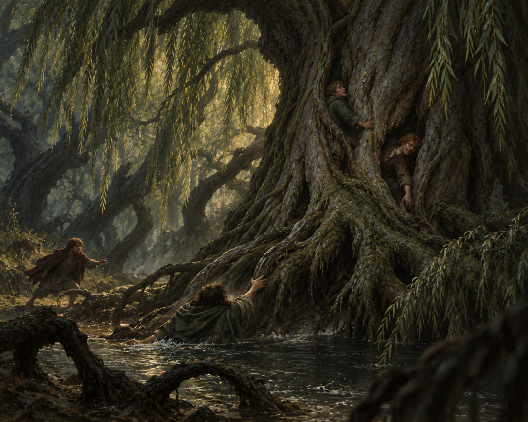 Old Man Willow traps hobbit travellers beside the Withywindle in the heart of the Old Forest.