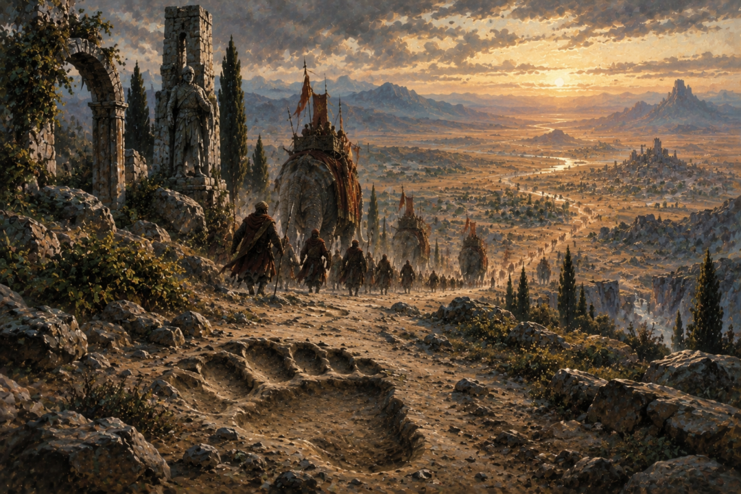 A huge Mûmak footprint and ancient road symbolize the unseen southern lands of Harad beyond the familiar map.