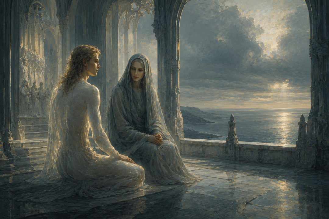 Olórin learning pity and patience in the quiet halls of Nienna beside the western sea of Aman.