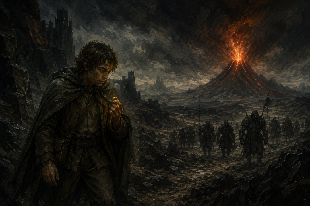 Sam bears the One Ring near Cirith Ungol as its power grows closer to Mount Doom.