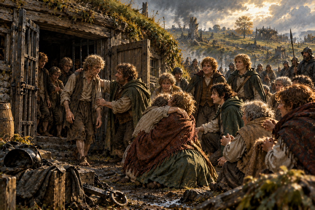 The abandoned Lockholes standing open while hobbits restore the damaged Shire after Saruman's regime has fallen.