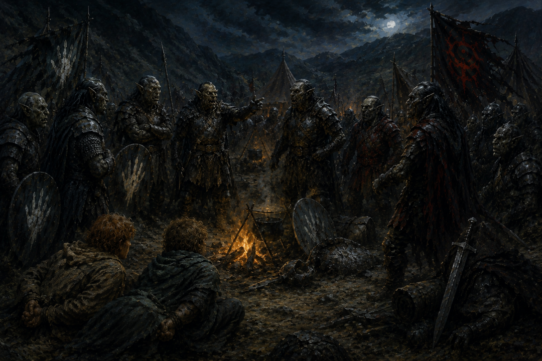 Orcs from Isengard, Mordor and the North argue while Merry and Pippin listen to their shared speech.