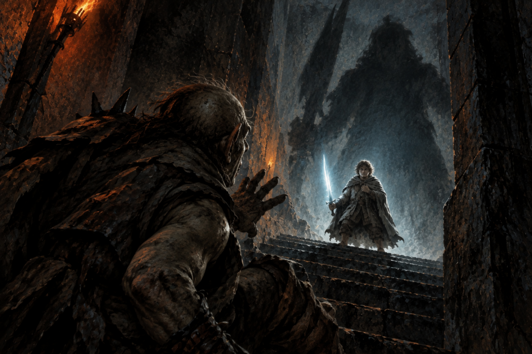 A frightened Orc sees Sam as a great shadowy figure carrying Sting and the hidden One Ring.