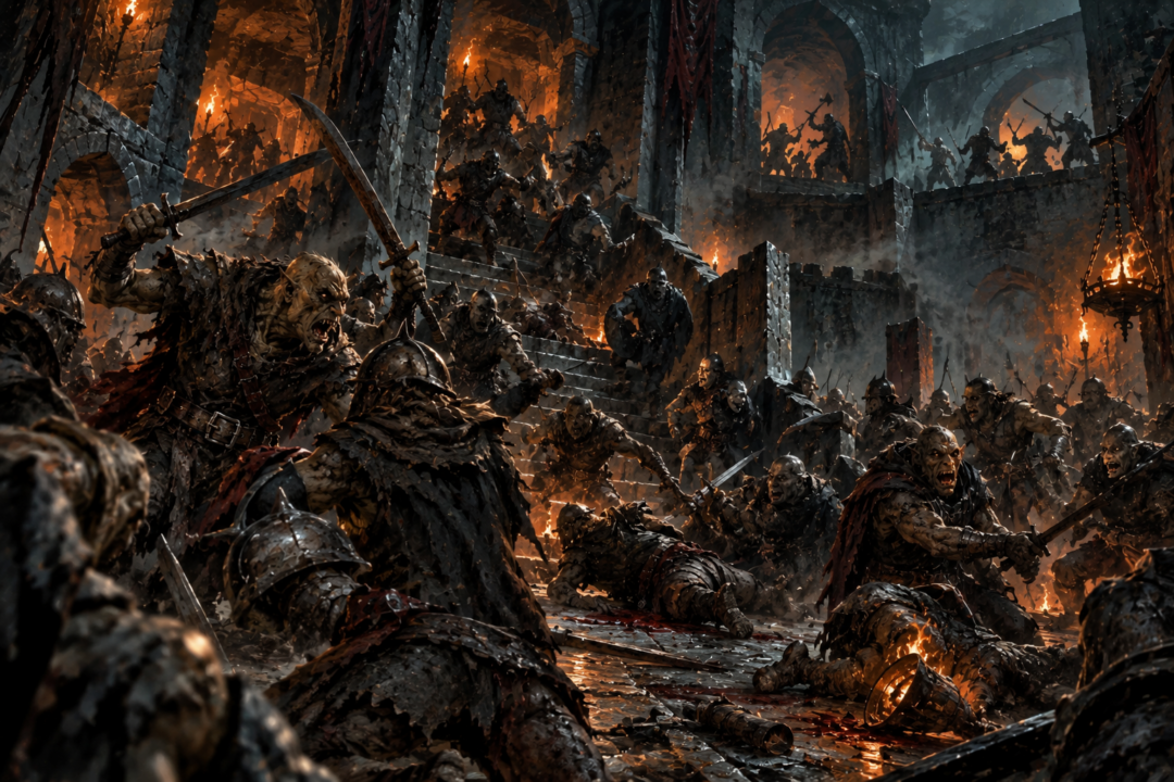 Rival Orc companies from Cirith Ungol and Minas Morgul fight one another inside the dark fortress.