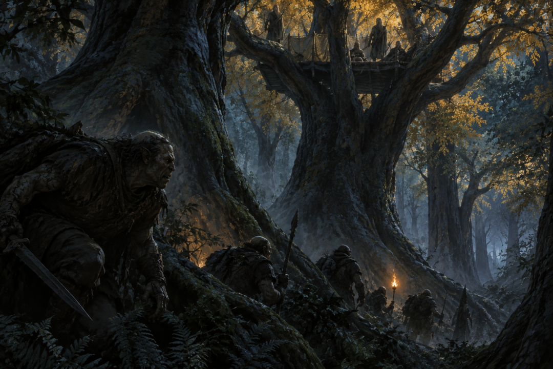Orcs moving through the dark forest floor beneath an elevated Galadhrim watch-post in Lothlórien.