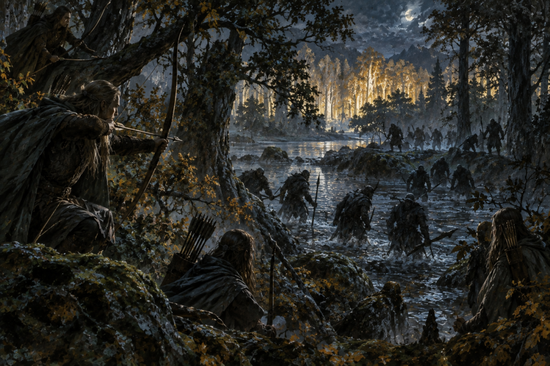 Galadhrim wardens prepare to ambush Orcs crossing the Nimrodel near Lothlórien's northern border.