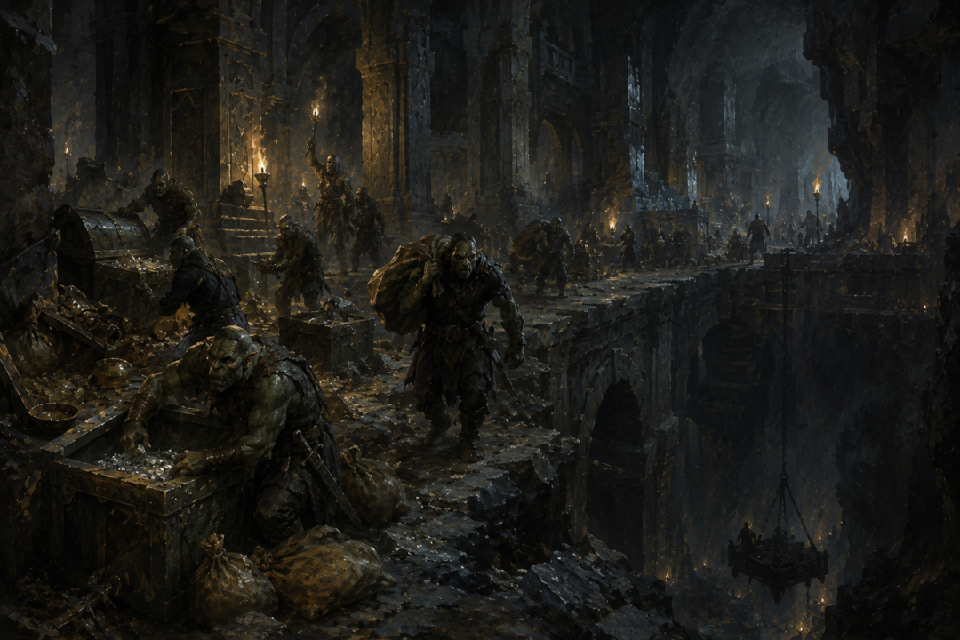 Orcs plundering already-mined mithril from the ruined upper halls of Moria while avoiding the deep shafts