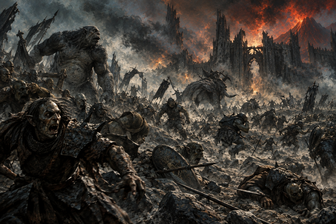 Orcs, Trolls and enslaved creatures scatter in confusion after Sauron's overthrow during the Battle of the Morannon.