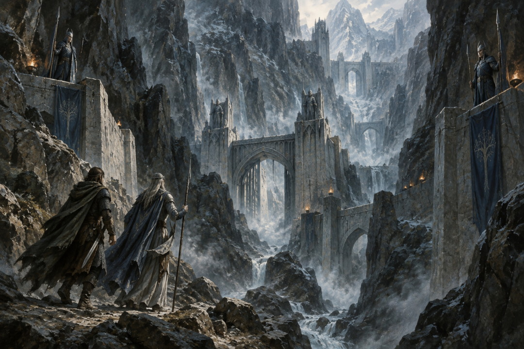 Tuor and Voronwë approaching Gondolin through the guarded ravine of Orfalch Echor and its mountain gates