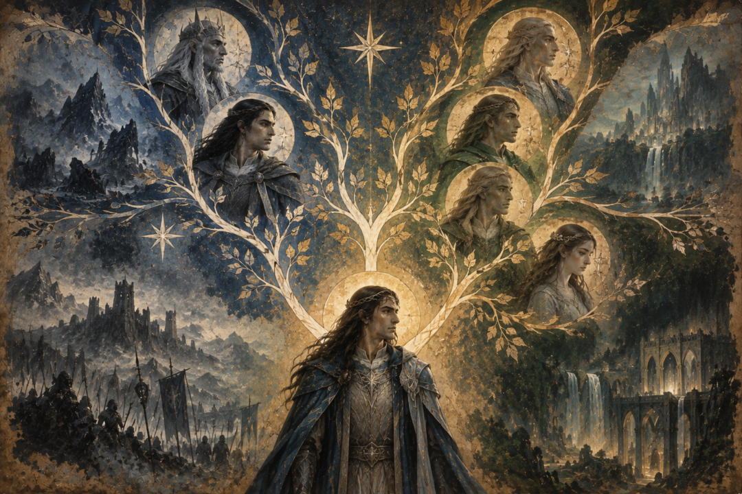 Orodreth with Finduilas and young Gil-galad in Nargothrond, representing the later genealogy.