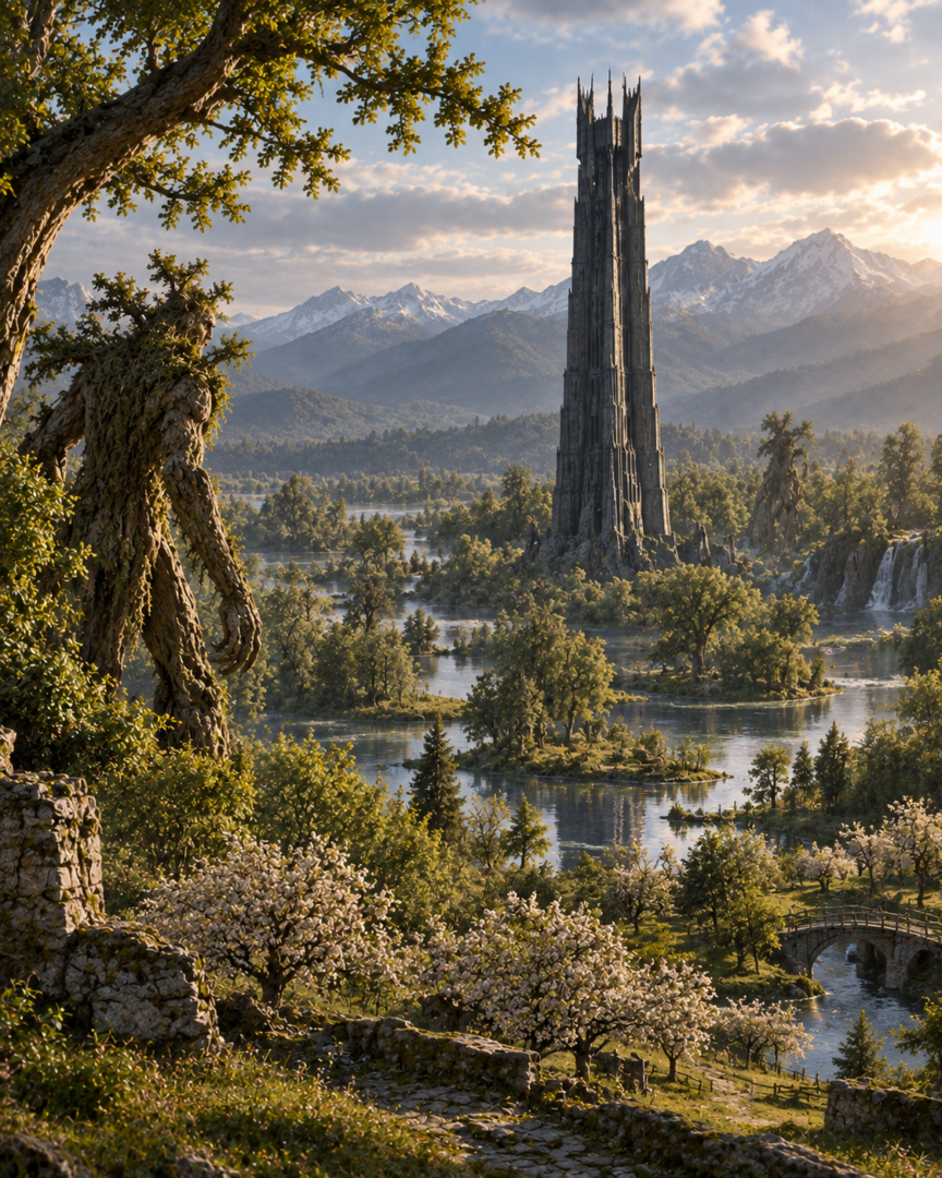 Orthanc surrounded by water, orchards and woodland in the Entish Treegarth at the beginning of the Fourth Age