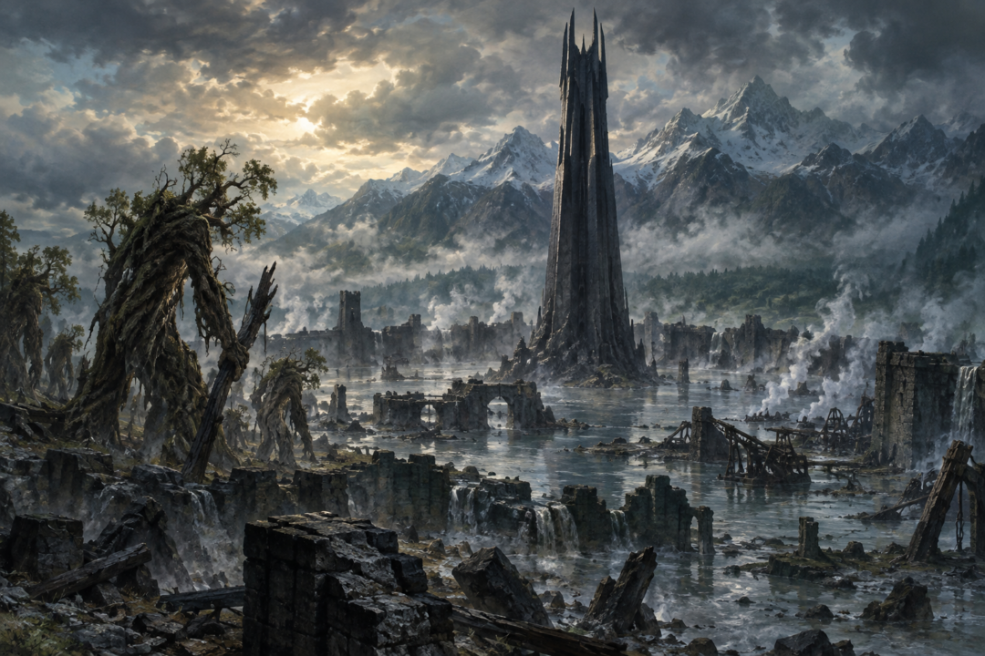 Orthanc standing intact above the flooded ruins of Isengard after the Ents' attack