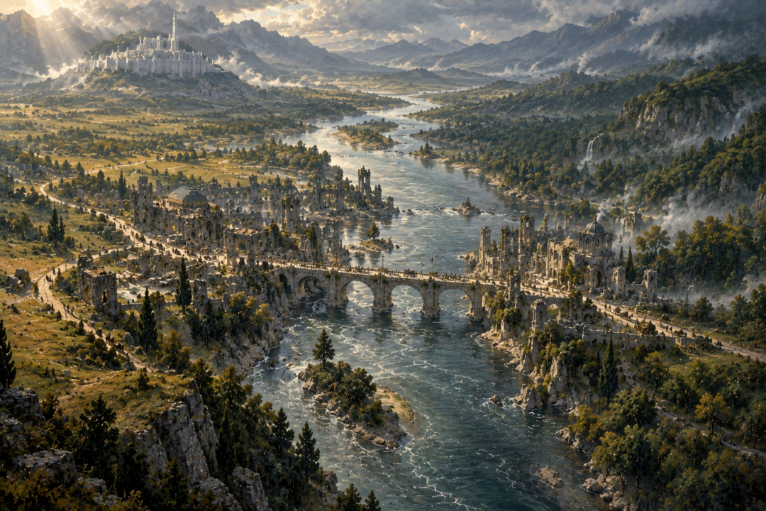 Elevated view of restored Osgiliath linking the roads of Anórien and Ithilien across the Anduin