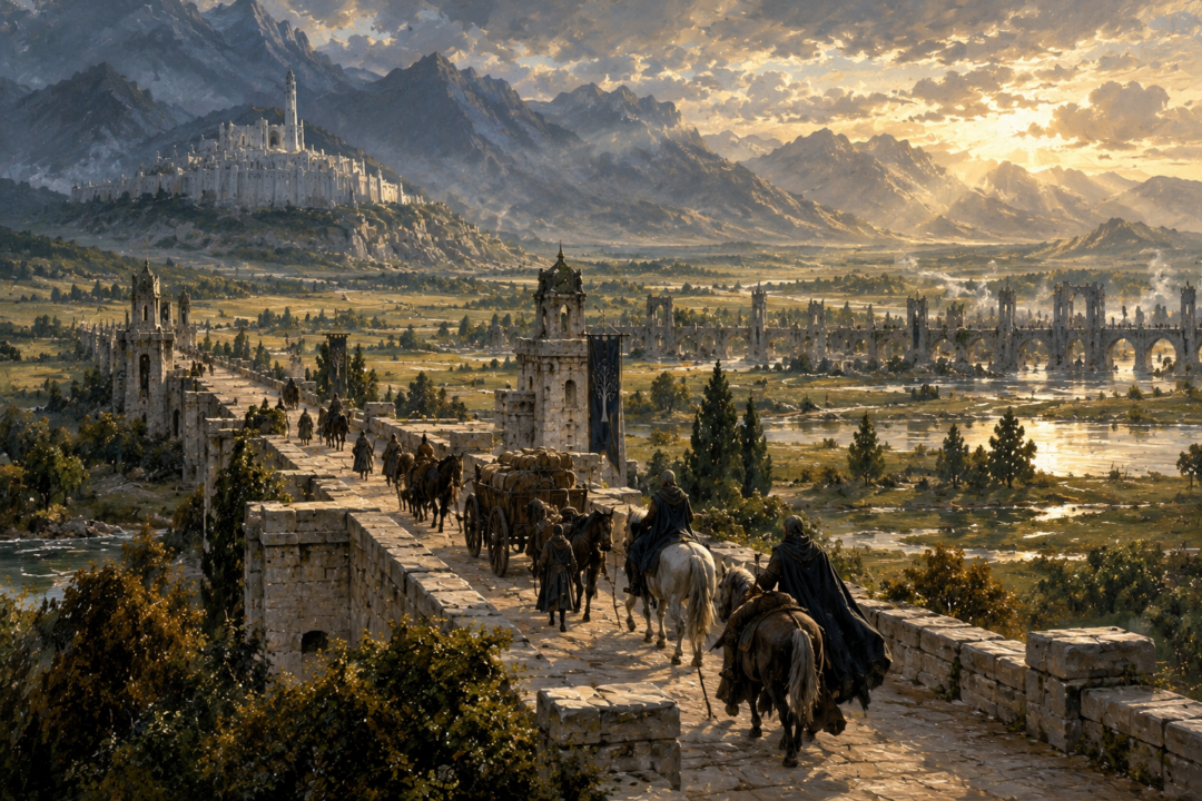 Peaceful Fourth Age traffic travelling along the road from Osgiliath toward Minas Tirith