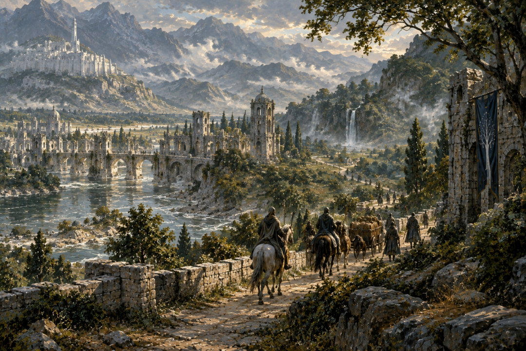 Travellers leaving Osgiliath for the renewed woods and hills of Ithilien