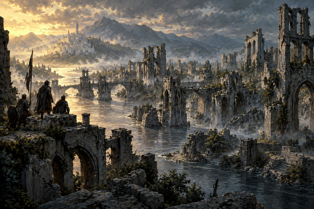 Gondorian soldiers standing among the abandoned ruins of once-populous Osgiliath