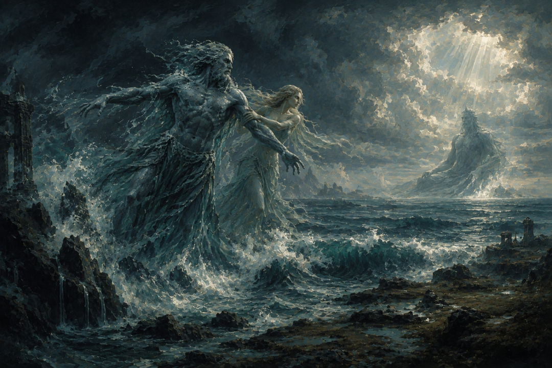 Ossë returning to the service of Ulmo as Uinen calms the violent seas after his temptation by Melkor.