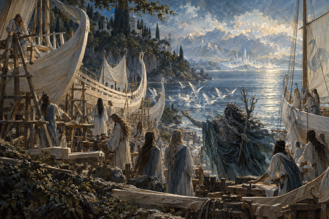 Ossë teaches the Teleri to build ships on Tol Eressëa before their crossing to the coast of Aman.