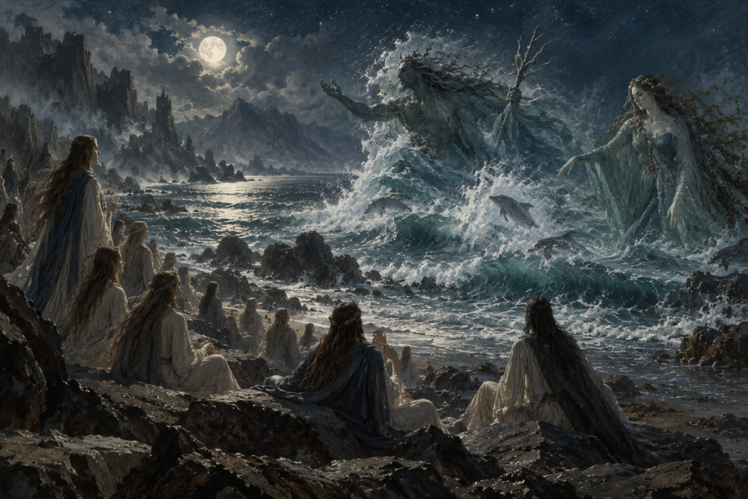 Ossë and Uinen teach the Teleri the lore and music of the sea on the shores of Beleriand.