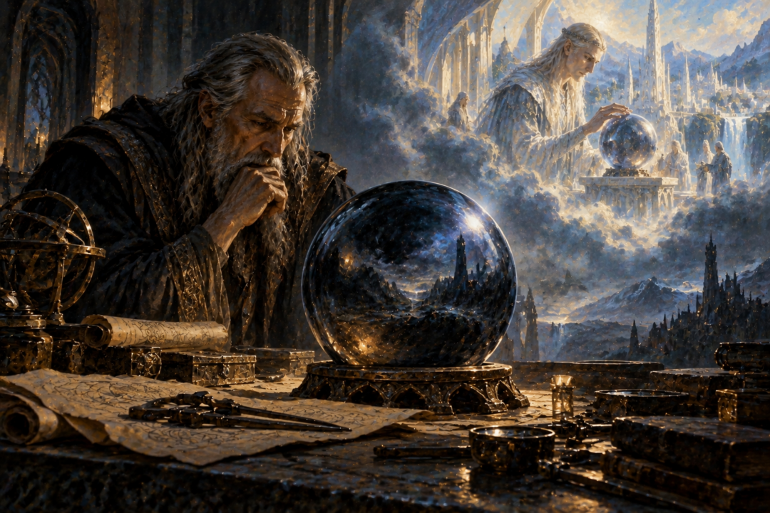 An ancient palantír rests among tools and attempted studies long after the knowledge of its making has been lost.