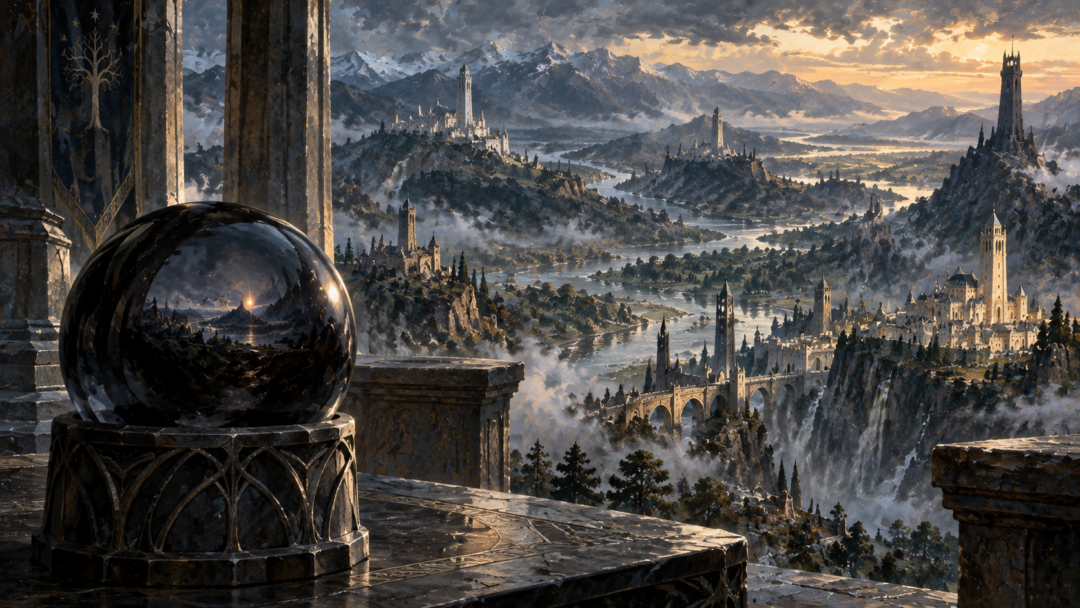 A palantír in a Númenórean tower evokes the Seven Seeing-stones distributed across Arnor and Gondor.