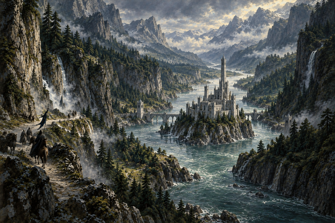 The Pass of Sirion with the river, steep mountain walls, and Minas Tirith on Tol Sirion.
