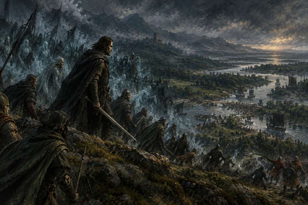 Gondorian forces preparing captured Corsair ships at Pelargir after Aragorn's victory in southern Gondor.