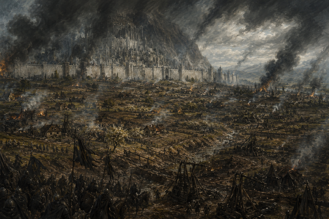Burning farms and siege works transforming the Pelennor Fields during the assault on Minas Tirith
