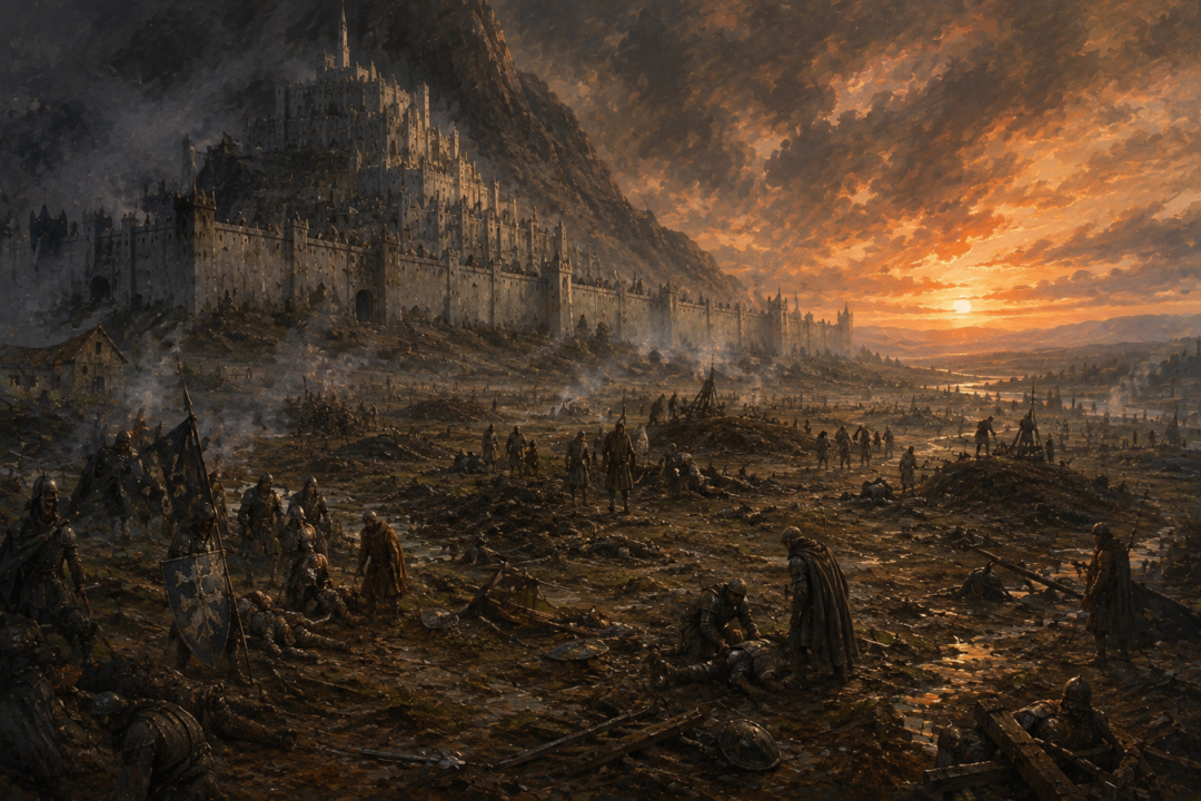 Gondorian and Rohirric survivors among the devastated Pelennor Fields after the battle