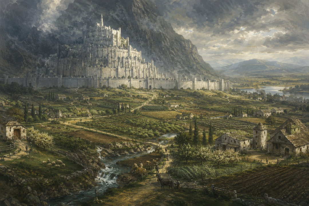 Fertile Pelennor Fields with farms, orchards and homesteads beneath Minas Tirith before the great battle