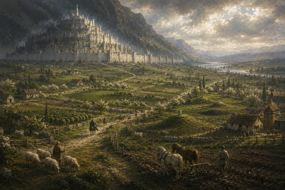 Restored Pelennor farmland surrounding grassy battle memorials in the new age of Gondor