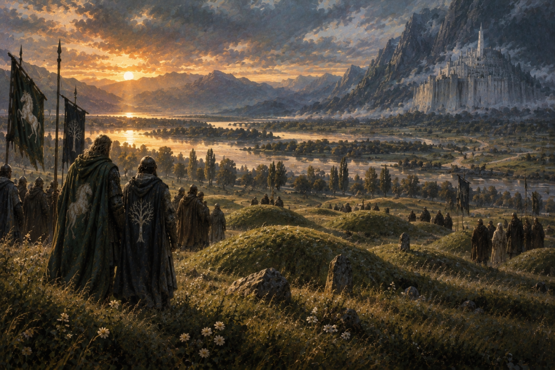 Mounds of Mundburg beneath an evening sky as Gondor and Rohan remember the allies who fell defending Minas Tirith.