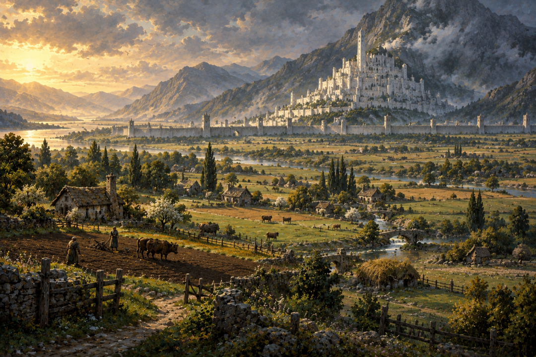 Fertile but sparsely settled Pelennor Fields spreading beneath Minas Tirith