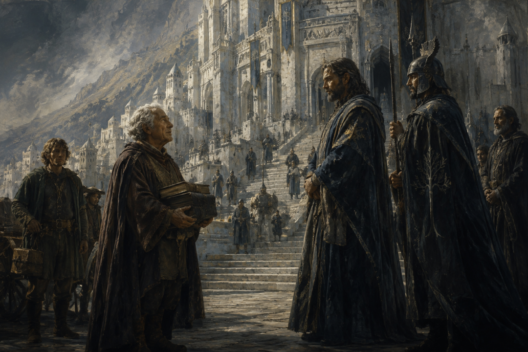 Elderly Peregrin Took bringing the Thain’s Book from the Shire to Minas Tirith in the Fourth Age.