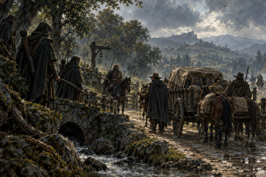 A caravan of wagons carries barrels of Shire pipe-weed south through the lonely roads of Middle-earth.