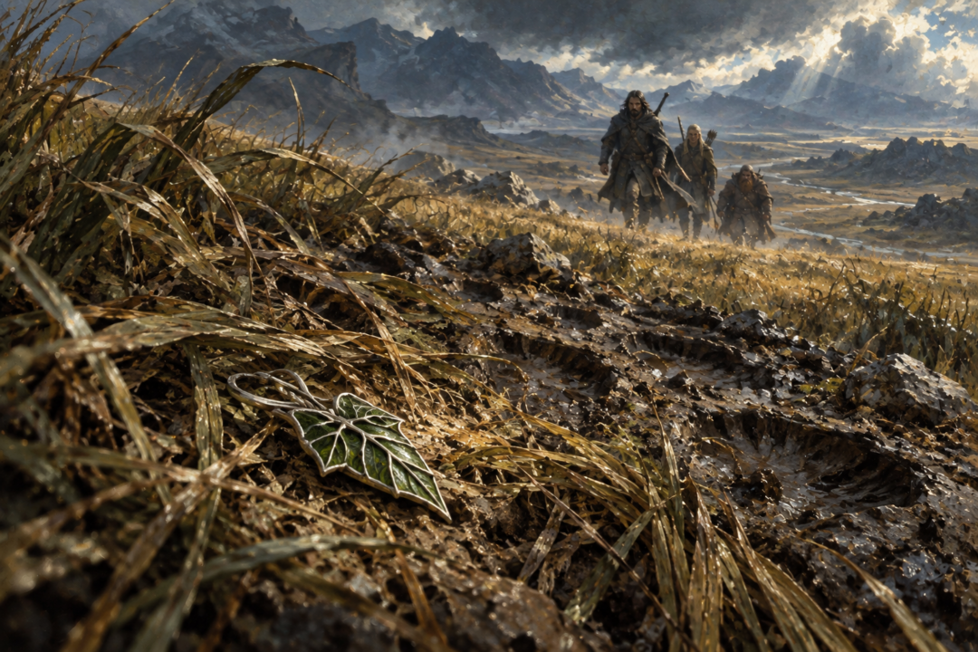 Pippin’s green leaf brooch lies among trampled grass on the Orc trail across Rohan.