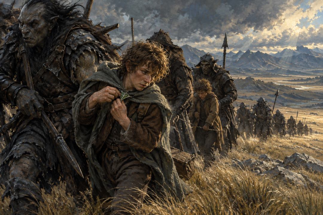 Pippin secretly drops his leaf-shaped Elven brooch while being carried away by Orcs across Rohan.