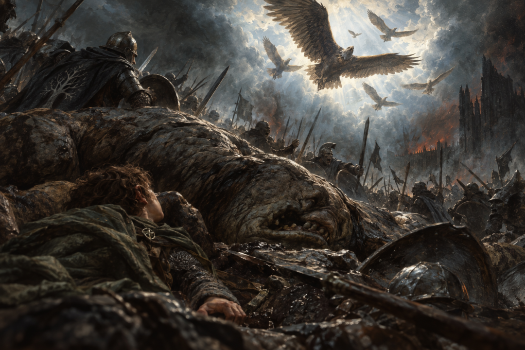 Pippin lies beneath a fallen troll at the Black Gate as Great Eagles appear through the smoke above him.