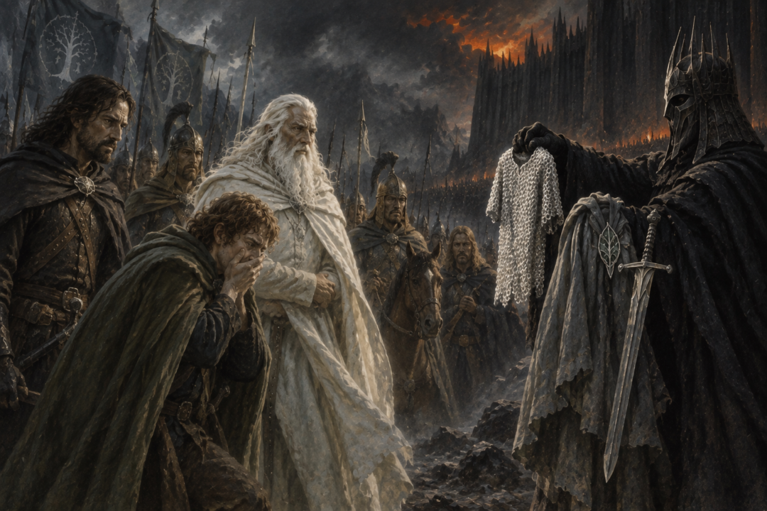 Pippin reacts with grief as Frodo's mithril coat is revealed before Gandalf and the Captains of the West at the Black Gate.