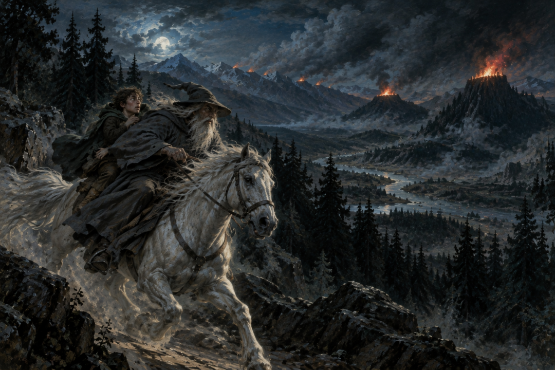 Pippin sees the warning beacons of Gondor burning across Amon Dîn and Eilenach during the night ride