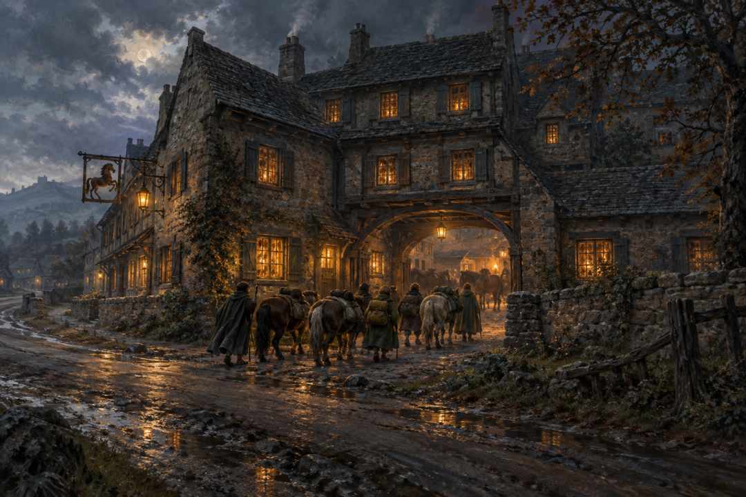 Four Hobbit travellers with ponies arriving beneath the courtyard arch of the Prancing Pony in Bree.