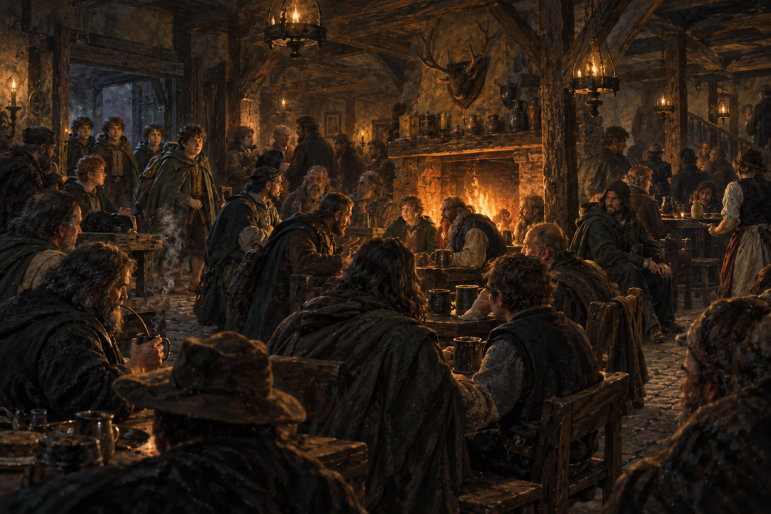 Men, Hobbits, Dwarves, travellers, and a Ranger exchanging news in the crowded common-room of the Prancing Pony.