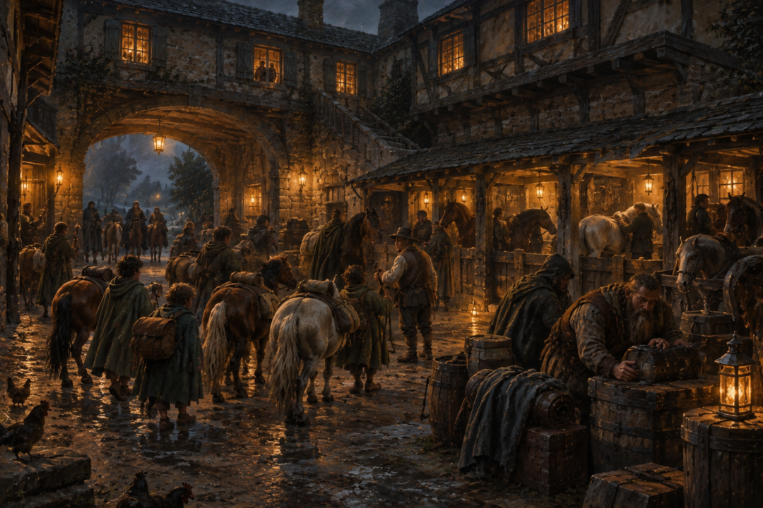 Ponies, horses, Dwarves, human travellers, and inn servants filling the courtyard and stables of the Prancing Pony.