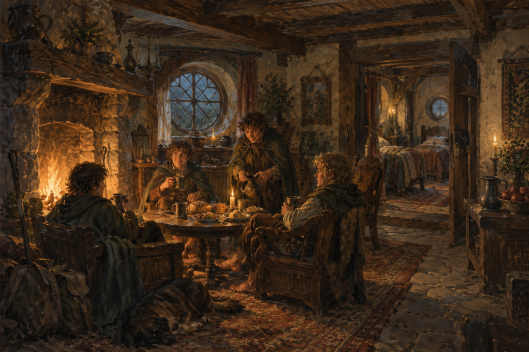 Hobbit-sized ground-floor rooms with round windows and a warm private parlour inside the Prancing Pony.