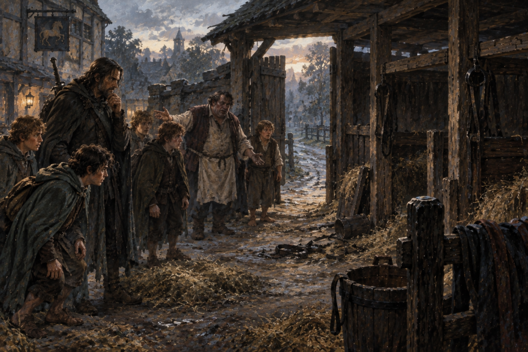 Strider and the hobbits discover the Prancing Pony stables open and their ponies missing after the night's attack.
