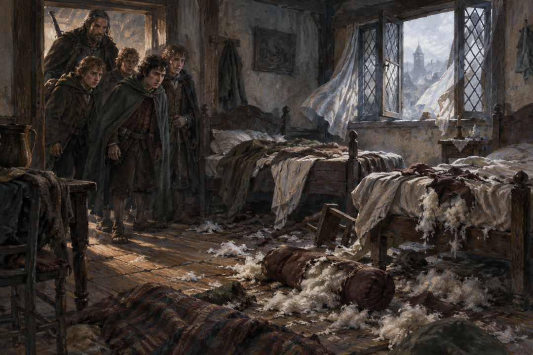 Frodo and his companions discover slashed bolsters and wrecked beds at the Prancing Pony after the nighttime raid.